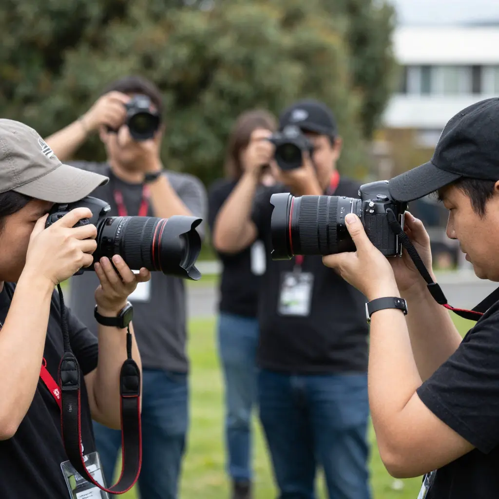 Photography workshop participants practising camera techniques outdoors in Wellington